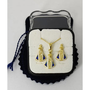 KIT NOSSA SENHORA APARECIDA – COLAR E BRINCOS COM PINGENTE RESINADO BANHADO A OURO