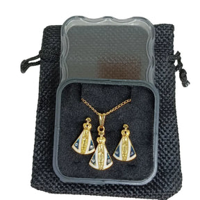 KIT NOSSA SENHORA APARECIDA – COLAR E BRINCOS COM PINGENTE RESINADO BANHADO A OURO
