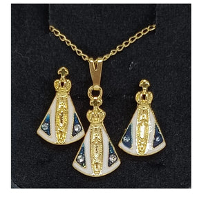 KIT NOSSA SENHORA APARECIDA – COLAR E BRINCOS COM PINGENTE RESINADO BANHADO A OURO